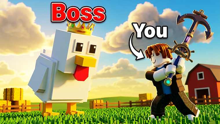 A giant crowned chicken labeled Boss facing a player with an anchor weapon on a farm