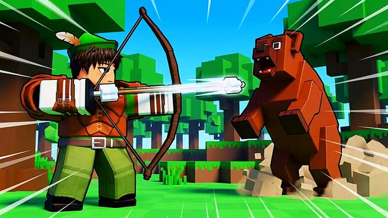 An archer in green drawing a bow at a charging brown bear