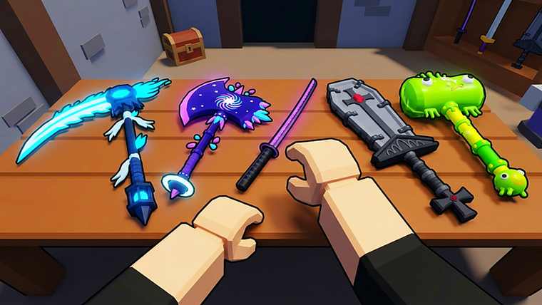 First-person view of a wooden table holding a scythe, a galaxy axe, a katana, a greatsword and a green hammer